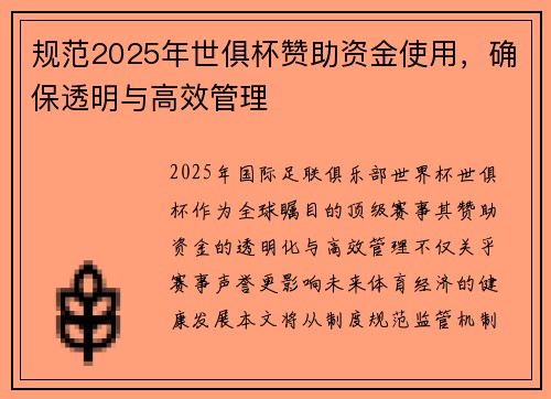 规范2025年世俱杯赞助资金使用,确保透明与高效管理